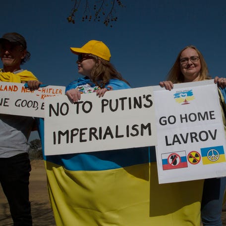 Ukrainian supporters protest near the venue of the BRICS Summit in Sandton, Johannesburg, Tuesday, Aug. 22, 2023.