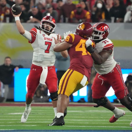 Utah quarterback Cameron Rising (7) throws the ball against Southern California in the second half of the Pac-12 Championship at Allegiant Stadium.