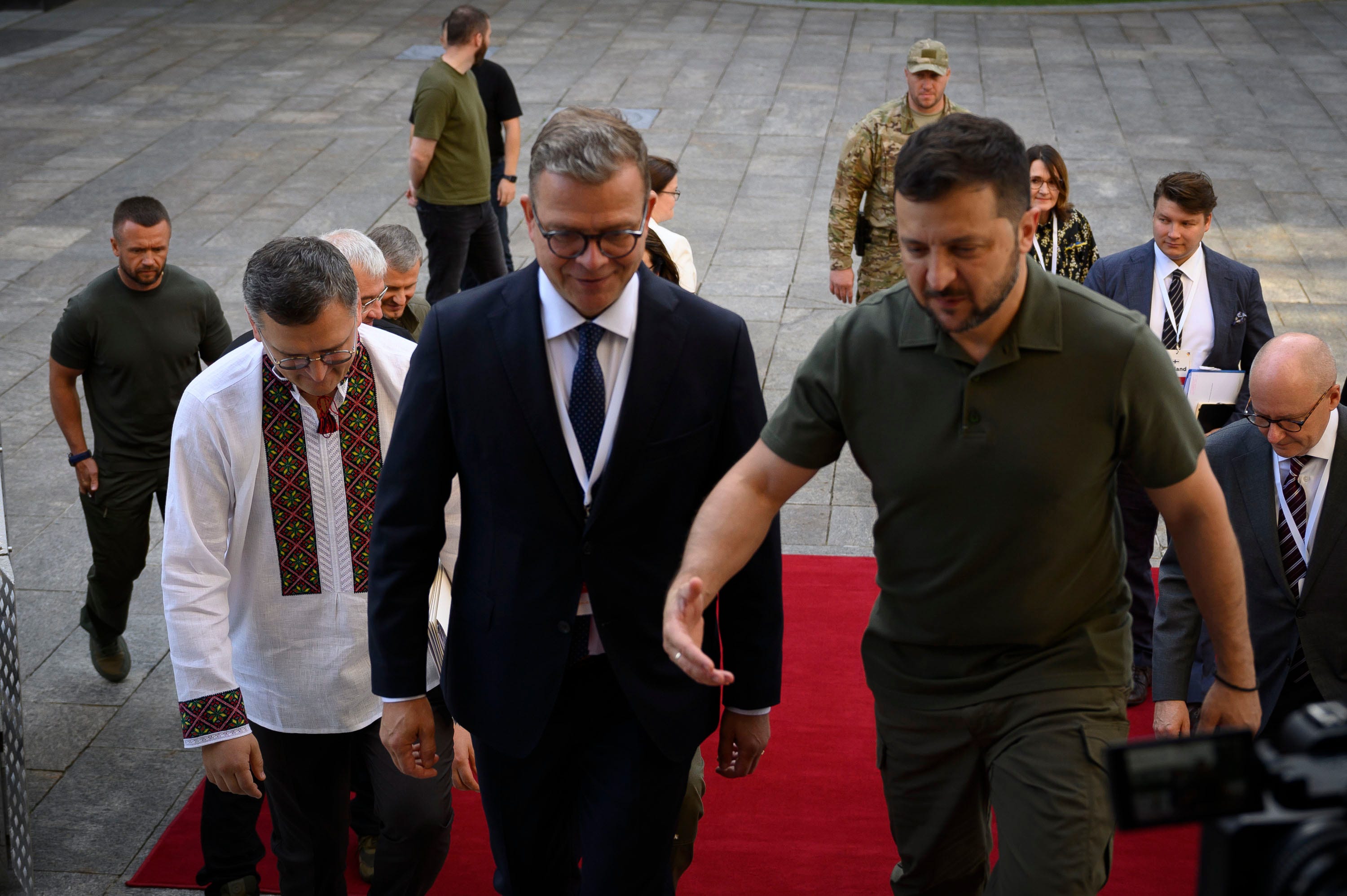 In this photo provided by the Ukrainian Presidential Press Office, Ukrainian President Volodymyr Zelenskyy, right, talks with Prime Minister of Finland Petteri Orpo in Kyiv, Ukraine, Wednesday, Aug. 23, 2023.