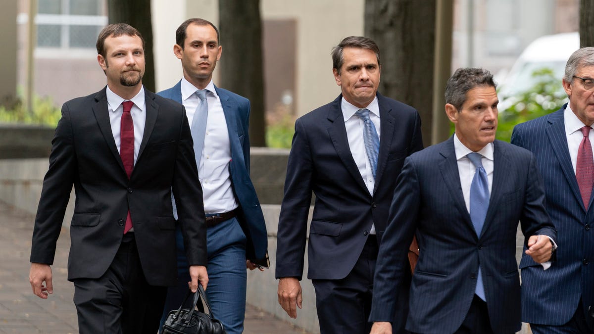 Donald Trump attorneys from left, Gregory Singer, Stephen Weiss, Todd Blanche and John Lauro arrive at the E. Barrett Prettyman U.S. Federal Courthouse on Aug. 28, 2023, in Washington.