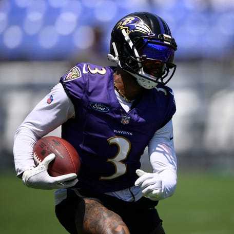 Baltimore Ravens wide receiver Odell Beckham Jr. (3) works out during the team's NFL football training camp, Saturday, July 29, 2023, in Baltimore.