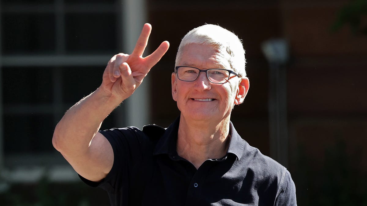 CEO of Apple Tim Cook arrives at the Sun Valley Lodge for the Allen & Company Sun Valley Conference on July 11, 2023 in Sun Valley, Idaho.