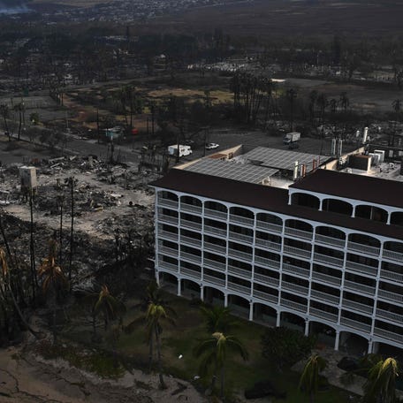 An aerial image shows the Lahaina Shores Beach Resort standing alone besides destroyed homes and buildings burned to the ground in the historic Lahaina Town in the aftermath of wildfires in western Maui in Lahaina, Hawaii on August 10, 2023. Embattled officials in Hawaii who have been criticized for the lack of warnings as a deadly wildfire ripped through a town insisted on August 16 that sounding emergency sirens would not have saved lives. At least 110   people died when the inferno levelled Lahaina last week on the island of Maui, with some residents not aware their town was at risk until they saw flames for themselves. (Photo by Patrick T. Fallon / AFP) (Photo by PATRICK T. FALLON/AFP via Getty Images) ORIG FILE ID: AFP_33RJ2MW.jpg