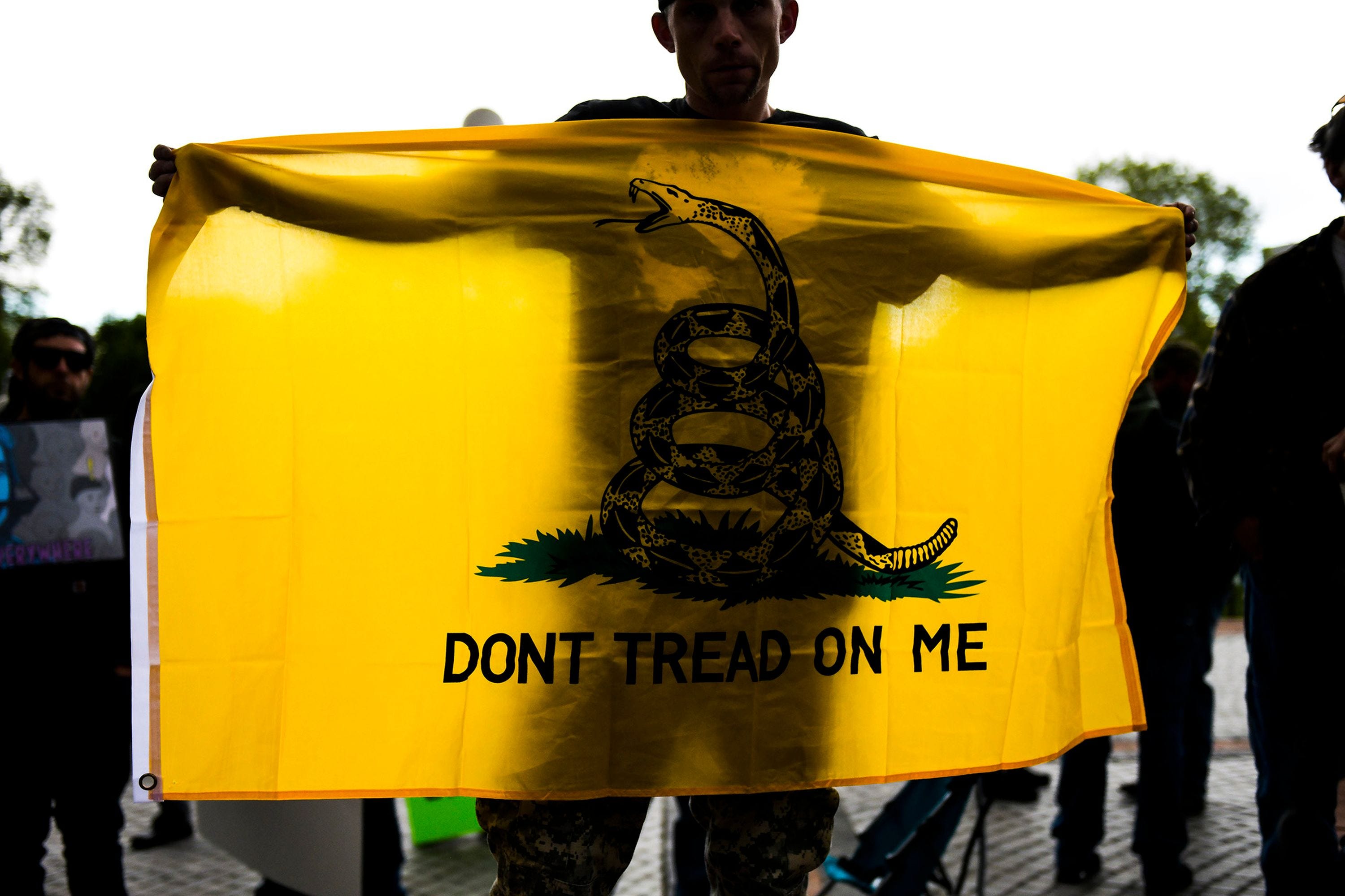 A Gadsden flag is displayed during a rally.