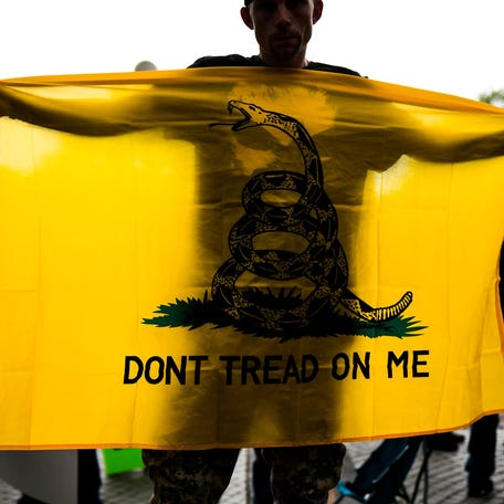 A Gadsden flag is displayed during a rally.