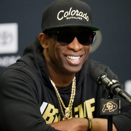 Colorado head coach Deion Sanders responds to questions during a news conference after the team's NCAA college football practice at the university Friday, Aug. 4, 2023, in Boulder, Colo.