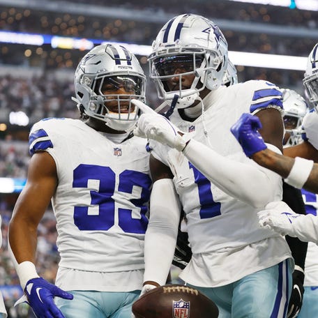 Dallas Cowboys safety Jayron Kearse (1) celebrates making an interception along with his teammates in the fourth quarter against the New York Jets at AT&T Stadium.