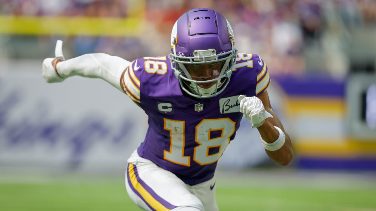Minnesota Vikings wide receiver Justin Jefferson runs a route against the Tampa Bay Buccaneers during the second half of an NFL football game, Sunday, Sept. 10, 2023, in Minneapolis.