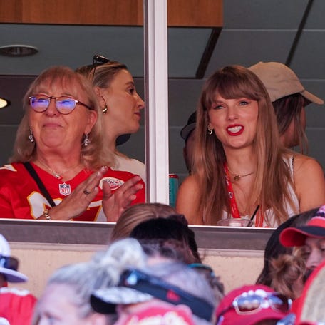 Taylor Swift sits with Donna Kelce, mother of Pro Bowl tight end Travis Kelce, to watch the Kansas City Chiefs' game on Sept. 24, 2023.
