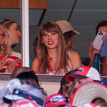Taylor Swift sits with Donna Kelce, mother of Pro Bowl tight end Travis Kelce, to watch the Kansas City Chiefs' game on Sept. 24, 2023.