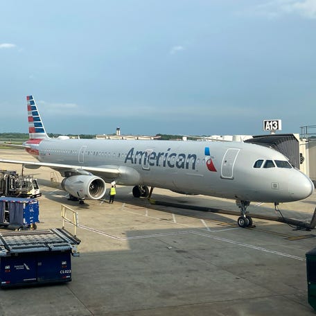 An American Airlines plane is shown at Philadelphia International Airport in Philadelphia, Friday, July 7, 2023.