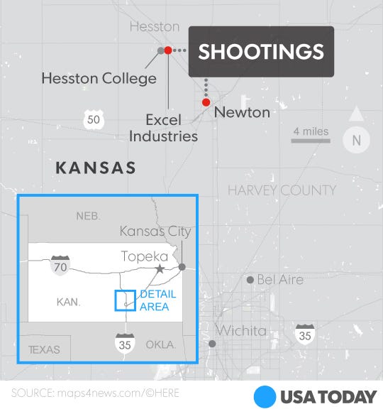 Three dead plus gunman in Kansas shootings; 14 injured