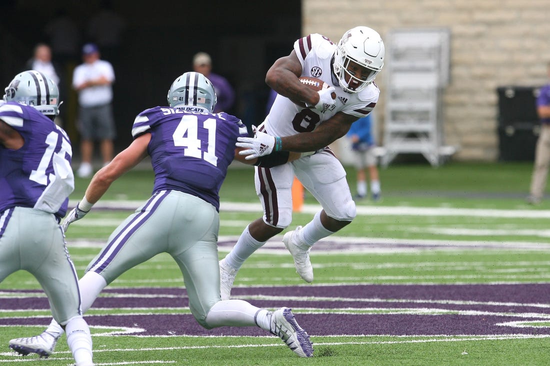 Mississippi State Bulldogs running back Kylin Hill (8) rushed for 211 yards and scored three touchdowns against Kansas State.