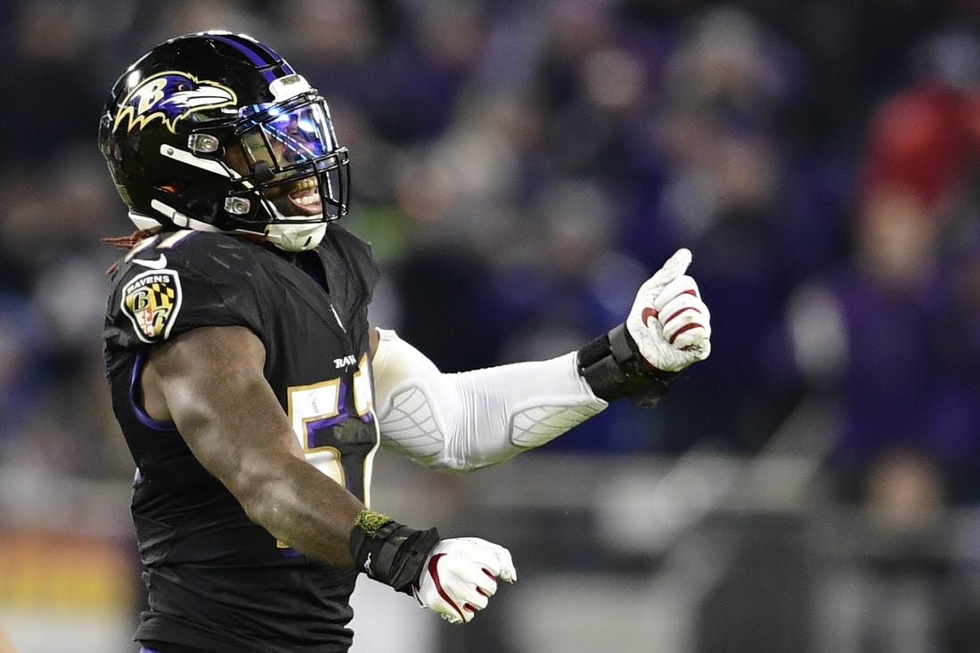 Baltimore Ravens inside linebacker C.J. Mosley (57) reacts after sacking Cleveland Browns quarterback Baker Mayfield (not pictured) during the second half at M&T Bank Stadium.
