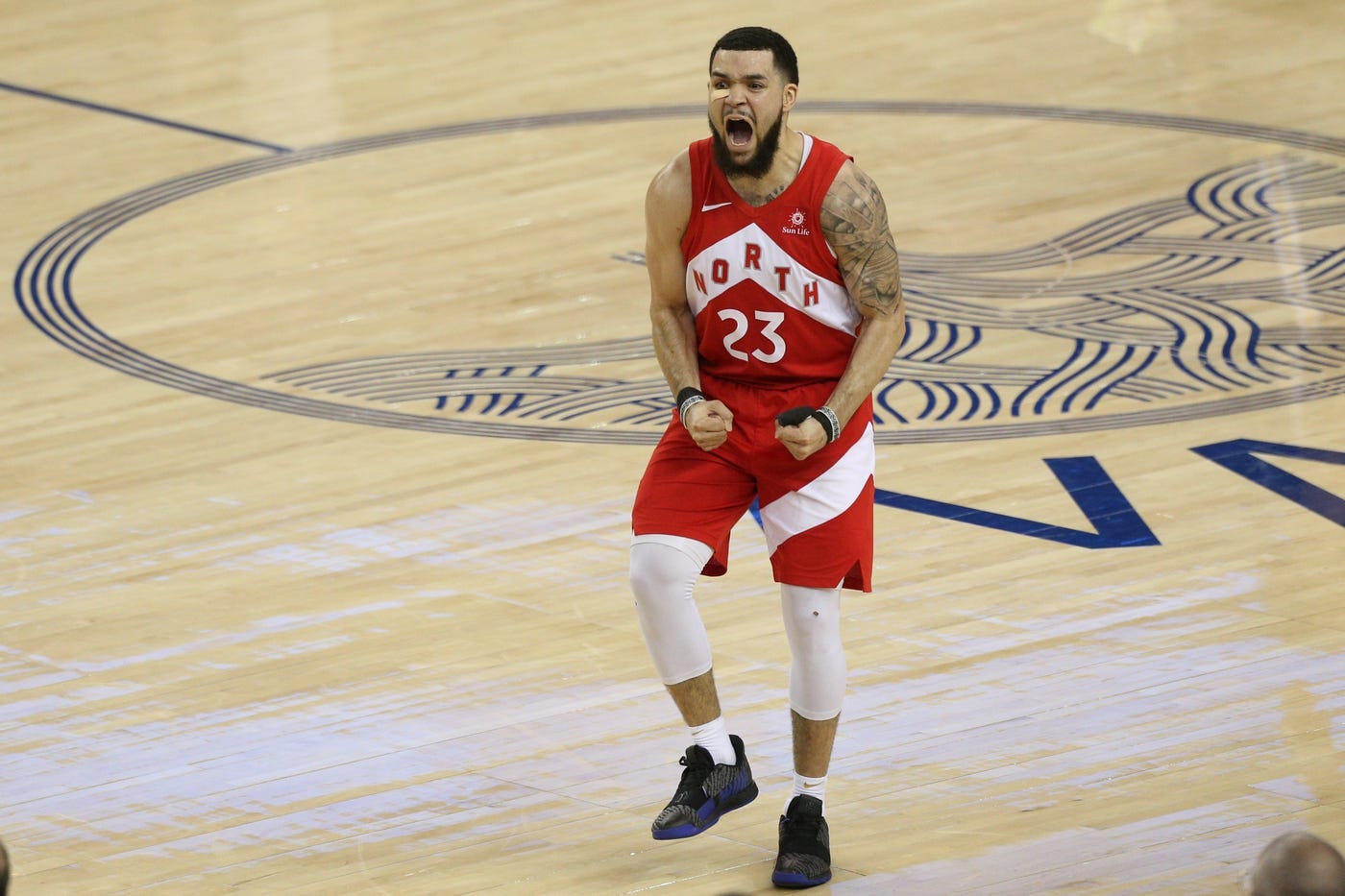 Jun 13, 2019; Oakland, CA, USA; Toronto Raptors guard Fred VanVleet (23) reacts during the second half in game six of the 2019 NBA Finals against the Golden State Warriors at Oracle Arena.