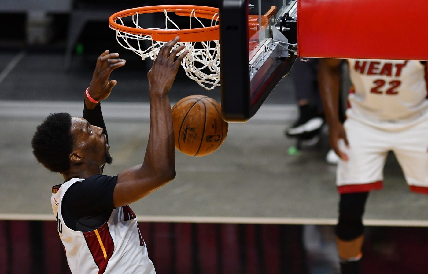 Apr 3, 2021; Miami, Florida, USA; Miami Heat center Bam Adebayo (13) dunks during the third quarter of a game against the Cleveland Cavaliers at American Airlines Arena. Mandatory Credit: Mary Holt-USA TODAY Sports