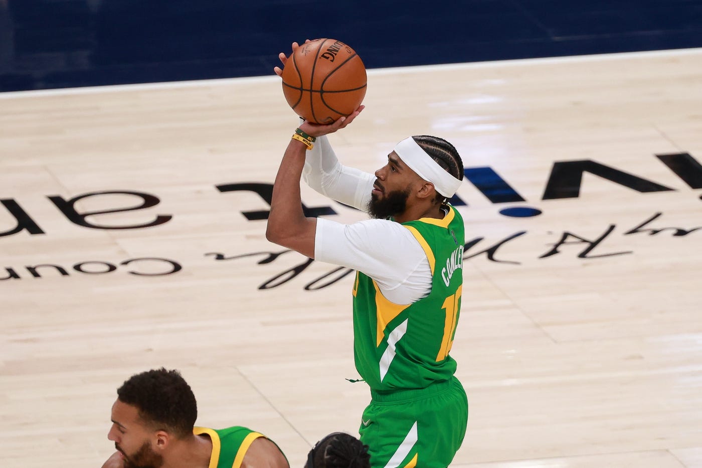 Apr 8, 2021; Salt Lake City, Utah, USA; Utah Jazz guard Mike Conley (10) shoots the ball against the Portland Trail Blazers during the third quarter at Vivint Smart Home Arena. Mandatory Credit: Chris Nicoll-USA TODAY Sports