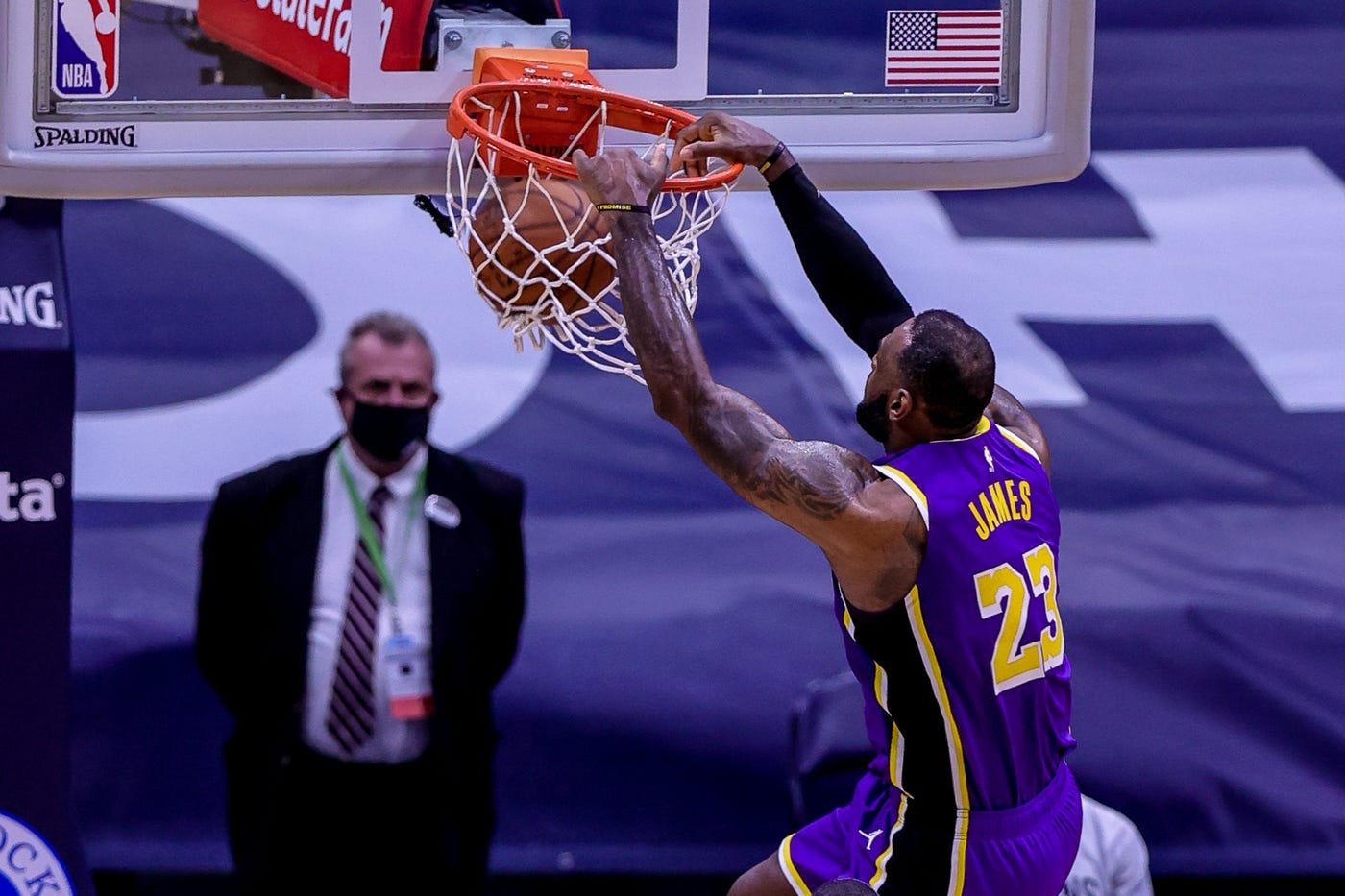 May 16, 2021; New Orleans, Louisiana, USA; Los Angeles Lakers forward LeBron James (23) dunks the ball against New Orleans Pelicans during the second half at the Smoothie King Center.