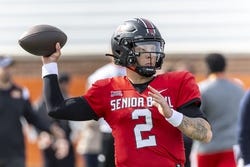 Feb 1, 2024; Mobile, AL, USA; American quarterback Spencer Rattler of South Carolina (2) throws the ball during practice for the American team at Hancock Whitney Stadium. Mandatory Credit: Vasha Hunt-USA TODAY Sports