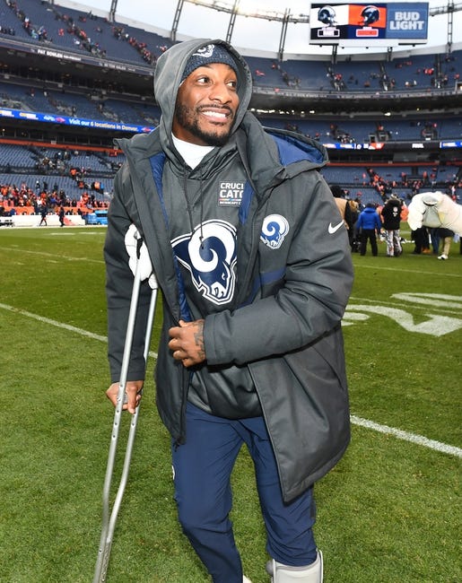 NFL: Los Angeles Rams at Denver Broncos - Oct 14, 2018; Denver, CO, USA; Los Angeles Rams cornerback Aqib Talib (21) reacts following a win over the Denver Broncos at Broncos Stadium at Mile High. Mandatory Credit: Ron Chenoy-USA TODAY Sports