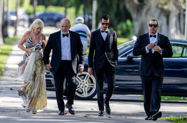 Syndication: Palm Beach Post - Ted Beckham (second from left), the father of David Beckham, arrives in Palm Beach with his wife Hillary (L) to attend the wedding of his grandson Brooklyn to model-actress Nicola Peltz Saturday April 9, 2022.