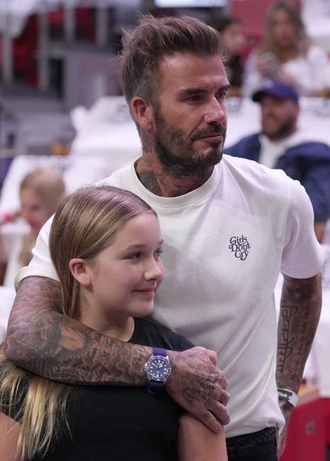 NBA: Playoffs-Atlanta Hawks at Miami Heat - Apr 19, 2022; Miami, Florida, USA; Inter Miami CF owner David Beckham (R) stands with his daughter Harper Seven Beckham while attending game two of the first round for the 2022 NBA playoffs between the Miami Heat and the Atlanta Hawks at FTX Arena. Mandatory Credit: Jasen Vinlove-USA TODAY Sports