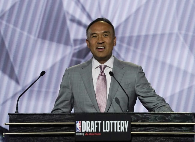 NBA: Draft Lottery - May 17, 2022; Chicago, IL, USA; NBA deputy commissioner Mark Tatum announces the results during the 2022 NBA Draft Lottery at McCormick Place. Mandatory Credit: David Banks-USA TODAY Sports