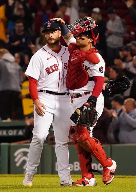 MLB: Seattle Mariners at Boston Red Sox - May 19, 2022; Boston, Massachusetts, USA; Boston Red Sox catcher Christian Vazquez (7) and relief pitcher Ryan Brasier (70) react after defeating the Seattle Mariners at Fenway Park. Mandatory Credit: David Butler II-USA TODAY Sports