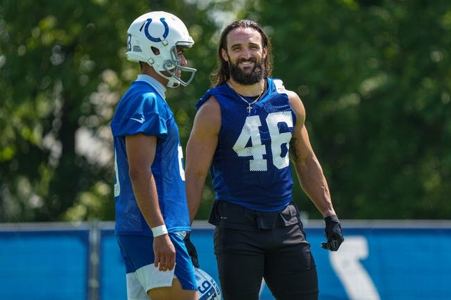 Syndication: The Indianapolis Star - Indianapolis Colts punter Rigoberto Sanchez (8) (left) and long snapper Luke Rhodes (46) talk during training camp Thursday, July 28, 2022, at Grand Park Sports Campus in Westfield, Ind.Indianapolis Colts Training Camp Nfl Thursday July 28 2022 At Grand Park Sports Campus In Westfield Ind