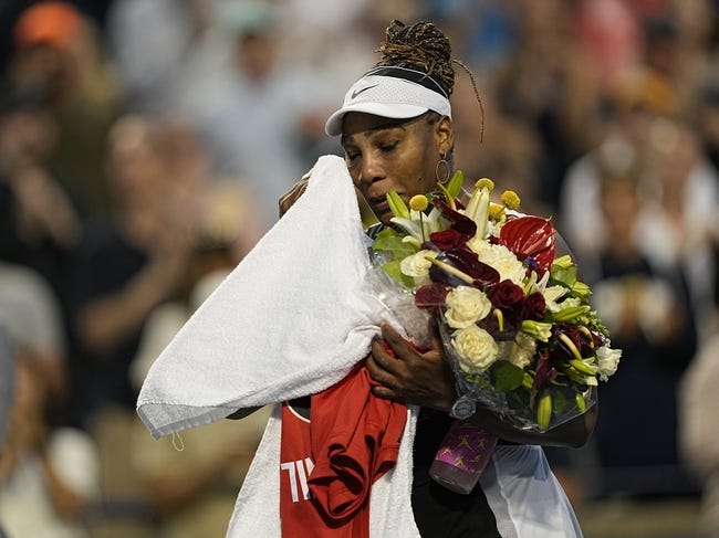 Tennis: National Bank Open - Aug 10, 2022; Toronto, ON, Canada; Serena Williams (USA) wipes away a tear after playing her final match in Toronto against Belinda Bencic (not pictured) at Sobeys Stadium. Mandatory Credit: John E. Sokolowski-USA TODAY Sports