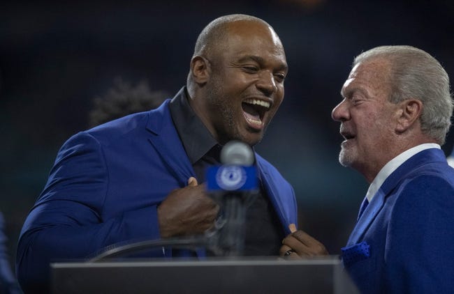 Syndication: The Indianapolis Star - Dwight Freeney, Ring of Honor recipient, laughs with Jim Irsay, Miami Dolphins at Indianapolis Colts, Sunday, Nov. 10, 2019.Dolphins At Colts