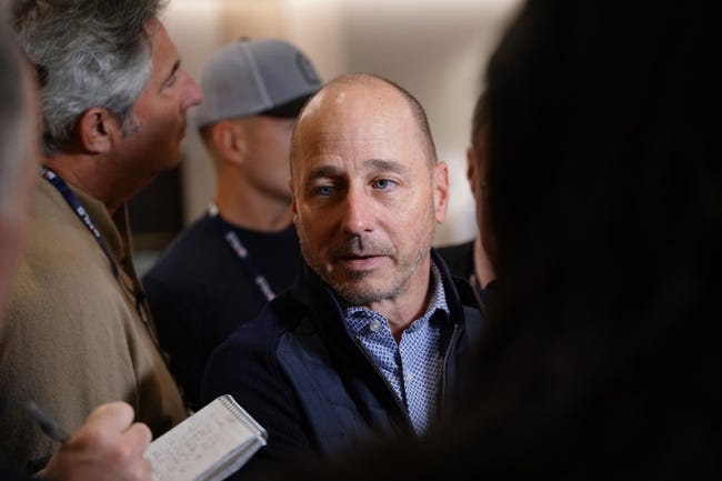 MLB: General Manager's Meetings - Nov 8, 2022; Las Vegas, NV, USA;  New York Yankees Brian Cashman answers questions to the media during the MLB GM Meetings at The Conrad Las Vegas. Mandatory Credit: Lucas Peltier-USA TODAY Sports